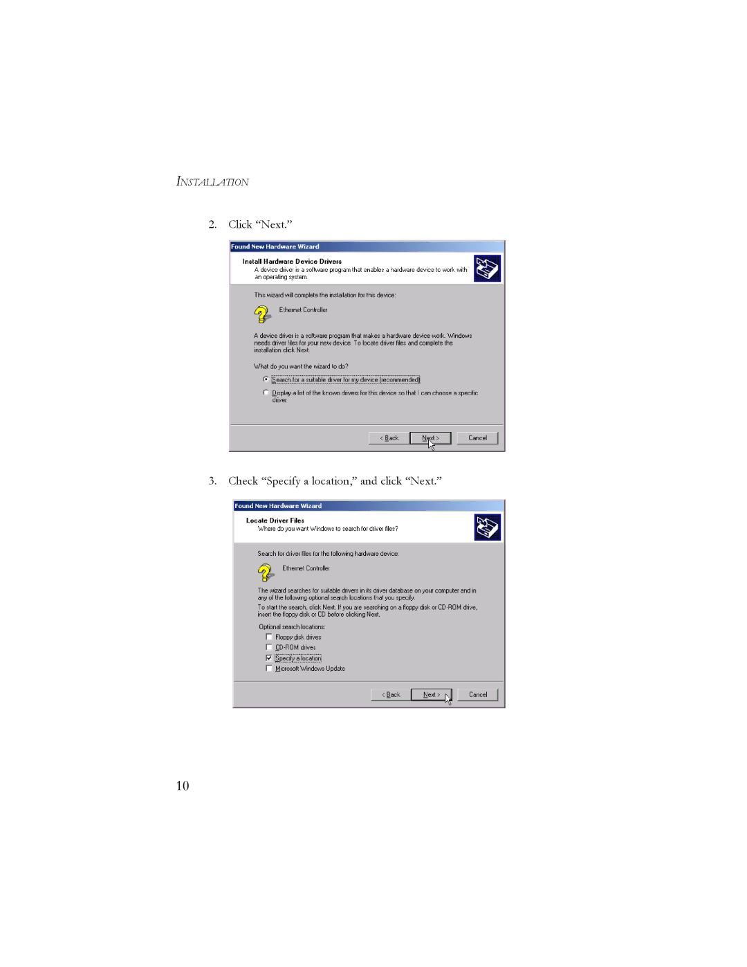 SMC Networks 10/100 Mbps manual Click Next Check Specify a location, and click Next 