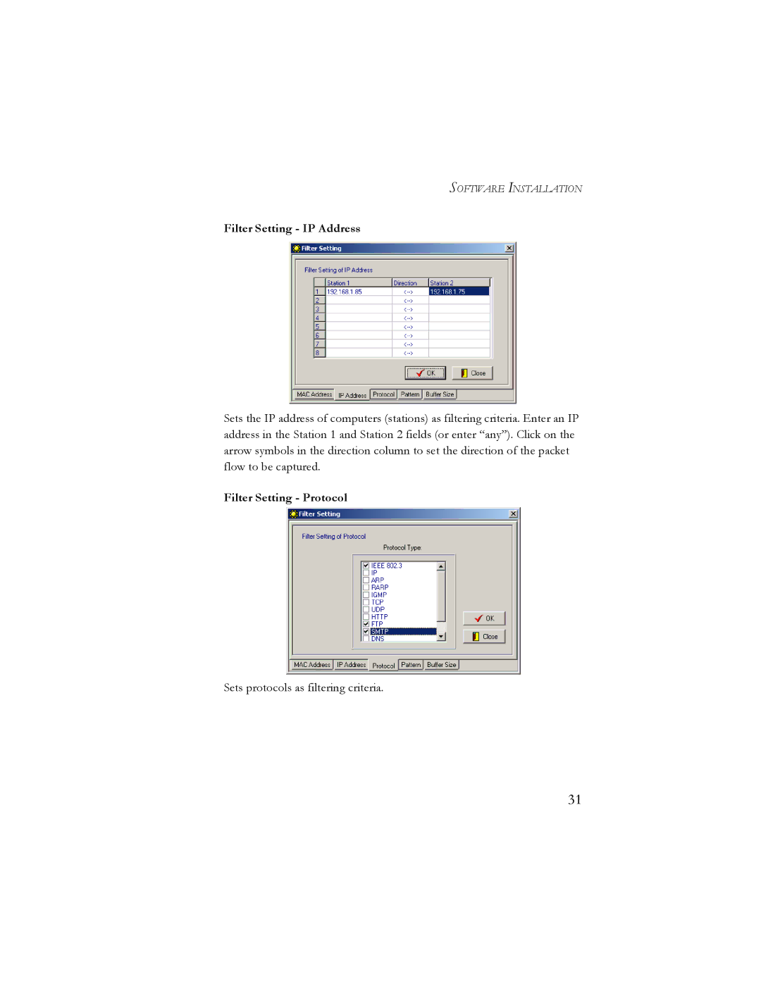 SMC Networks 10/100 Mbps manual Filter Setting IP Address, Filter Setting Protocol 