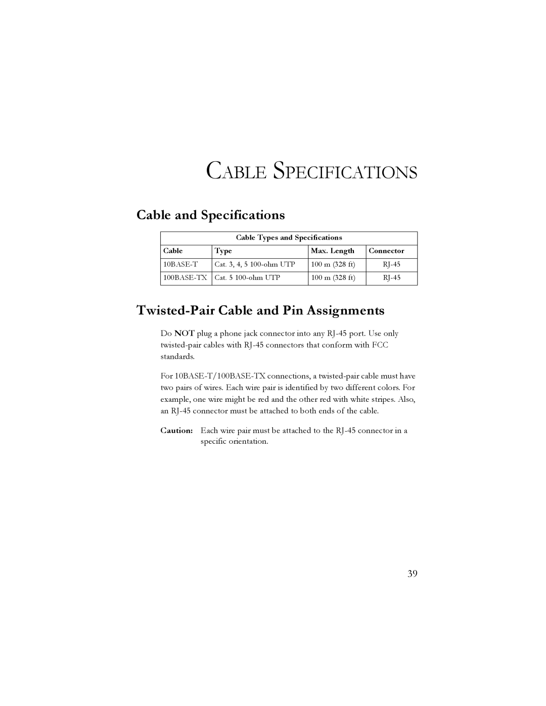 SMC Networks 10/100 Mbps manual Cable Specifications, Cable and Specifications, Twisted-Pair Cable and Pin Assignments 