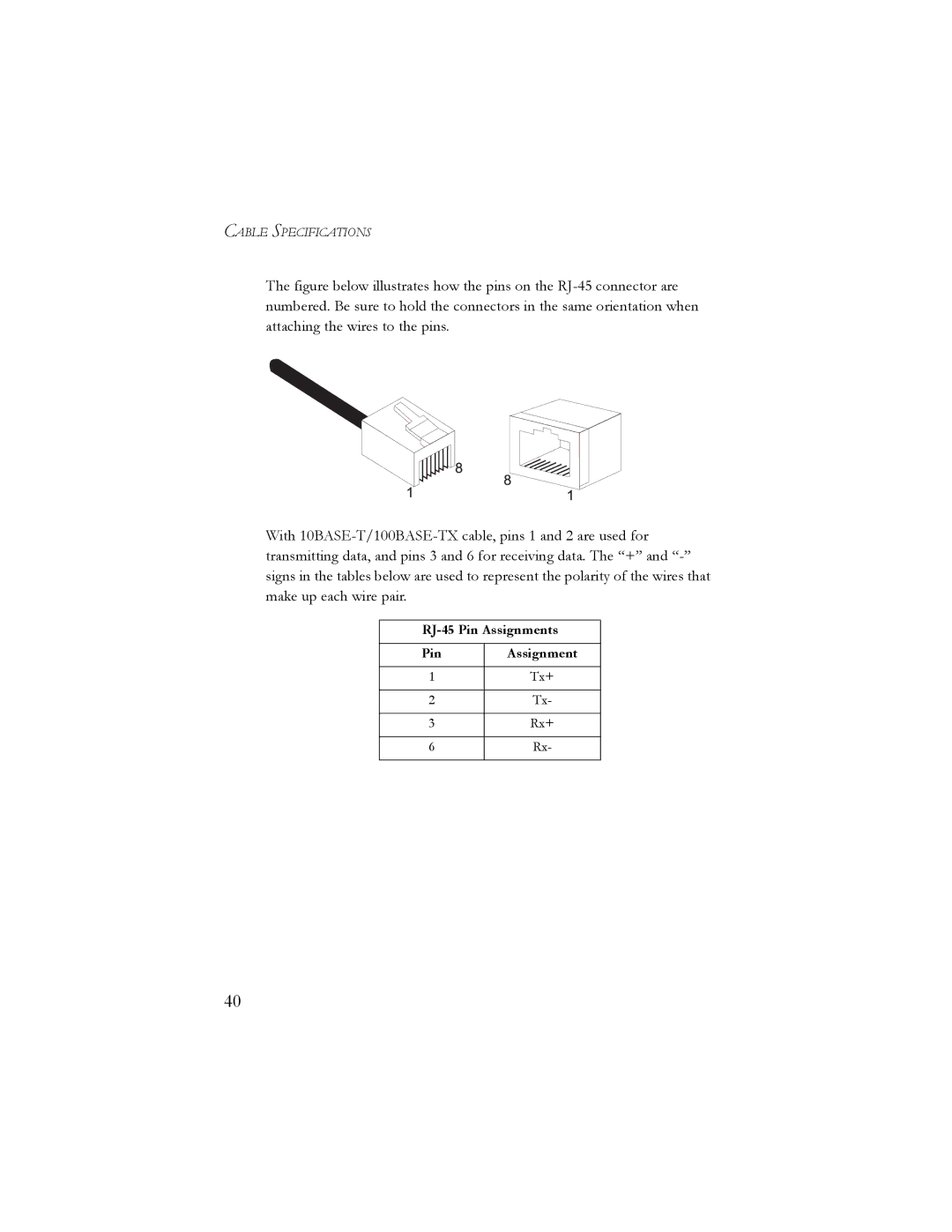 SMC Networks 10/100 Mbps manual RJ-45 Pin Assignments 