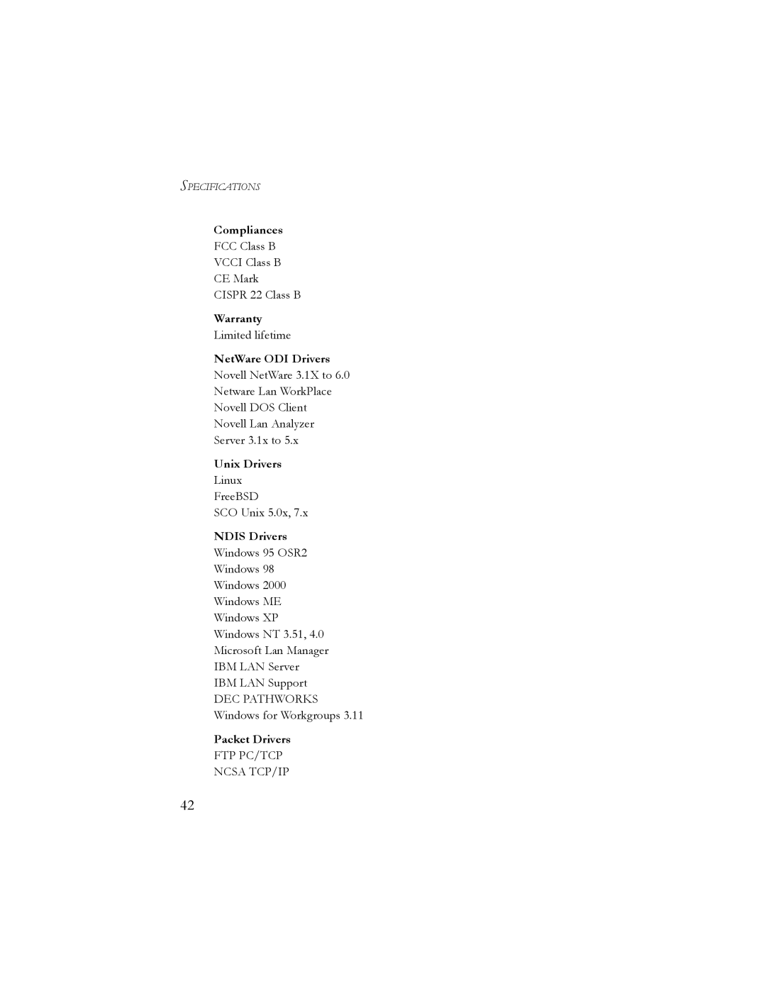 SMC Networks 10/100 Mbps manual Compliances, Warranty, NetWare ODI Drivers, Unix Drivers, Packet Drivers 