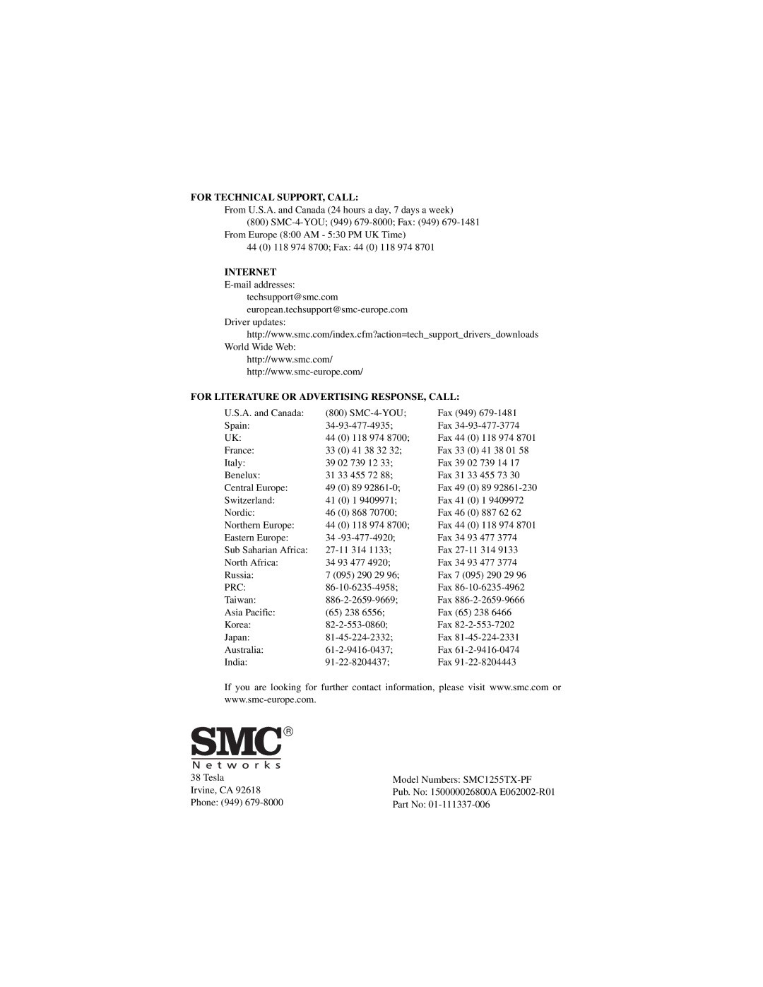 SMC Networks 10/100 Mbps manual For Technical SUPPORT, Call 