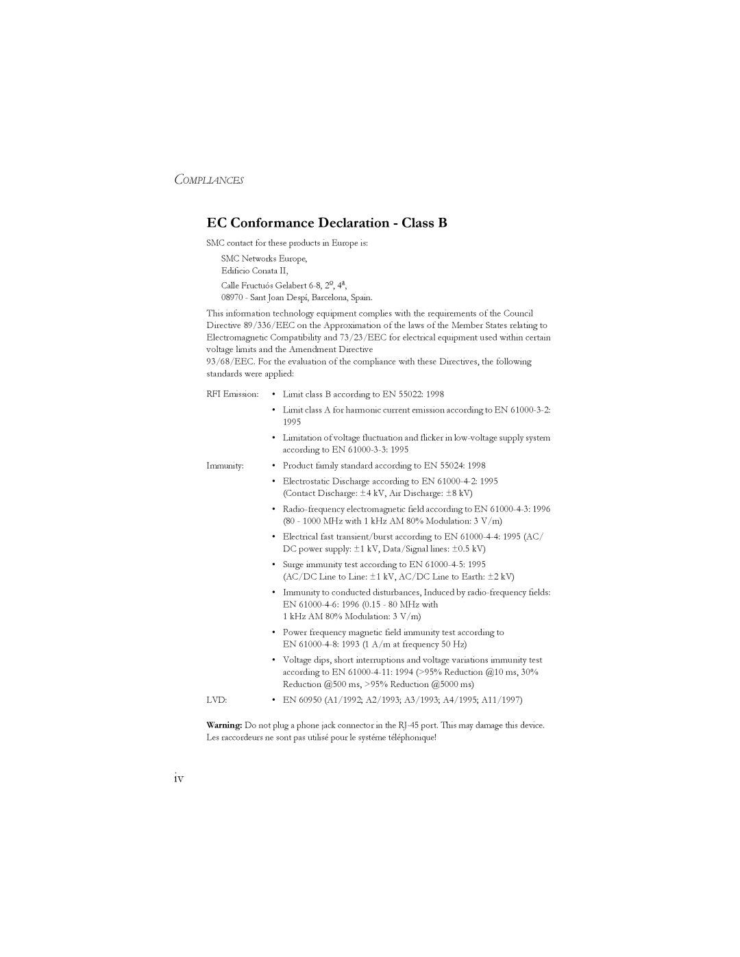 SMC Networks 10/100 Mbps manual EC Conformance Declaration Class B 