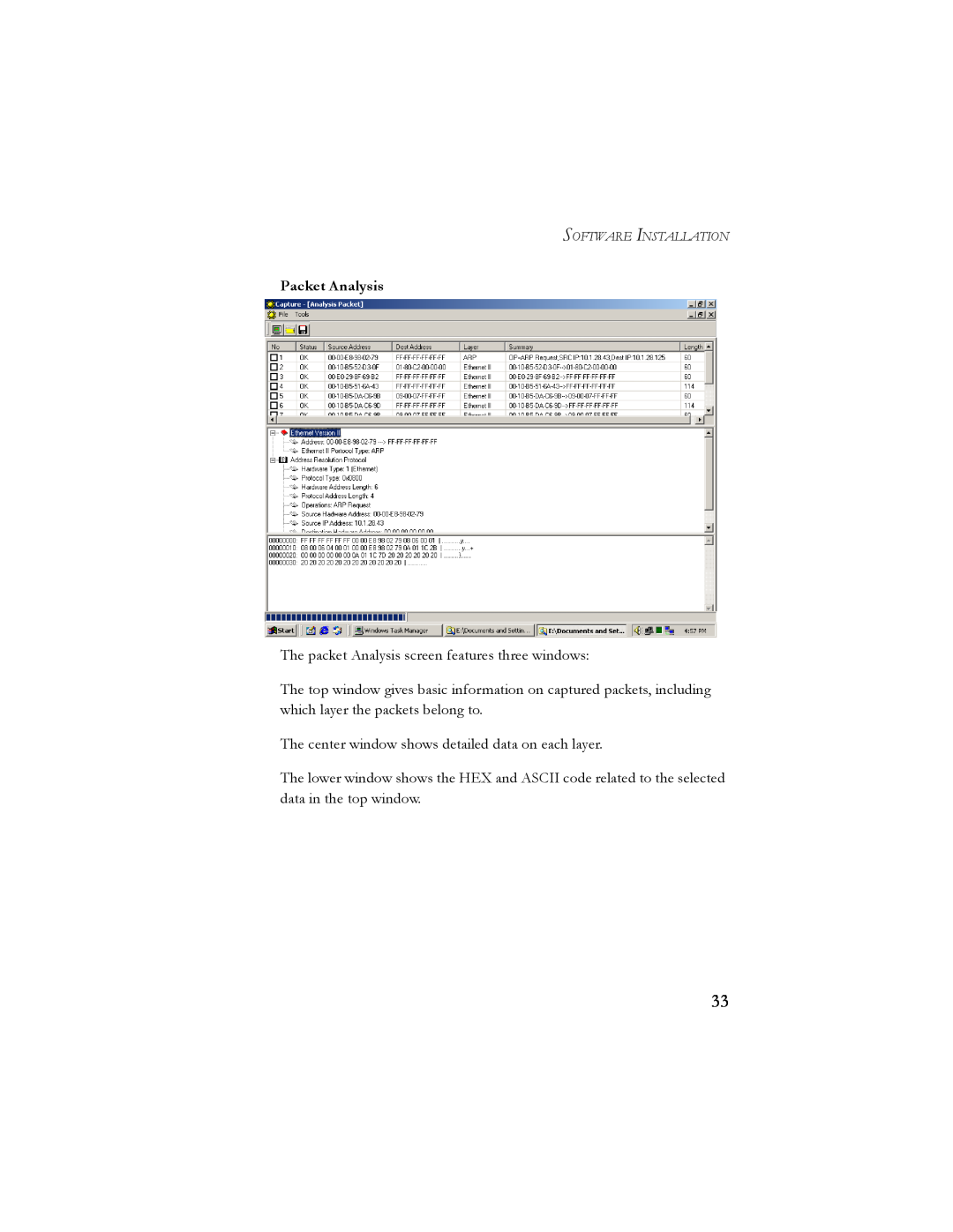 SMC Networks 10/100 Mbps manual Packet Analysis, The packet Analysis screen features three windows, Software Installation 