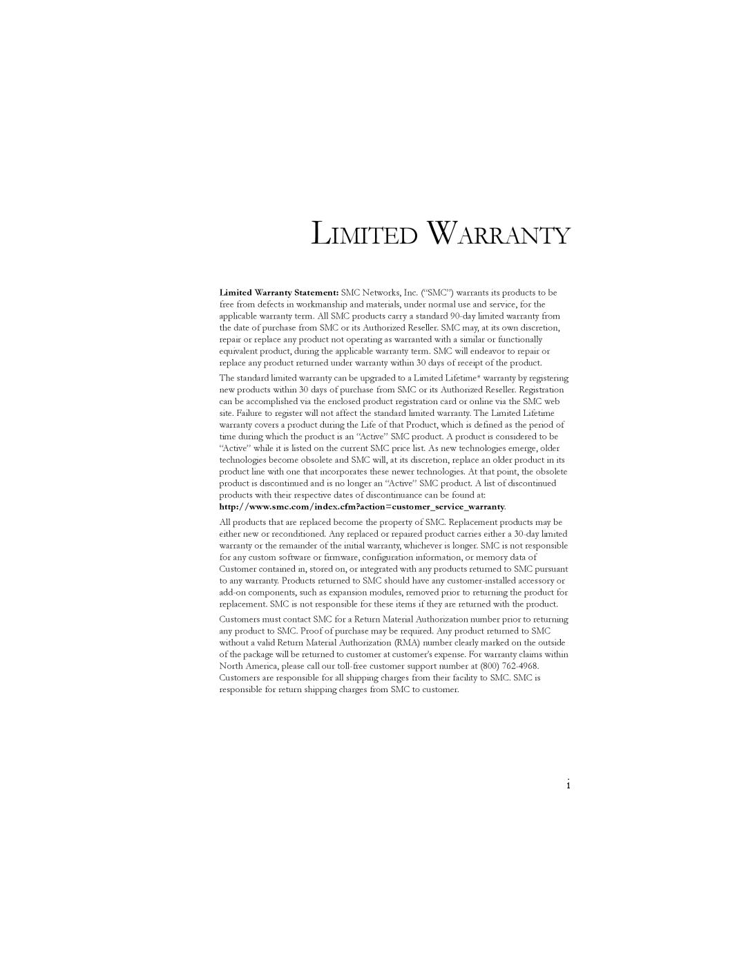SMC Networks 10/100 Mbps manual Limited Warranty 