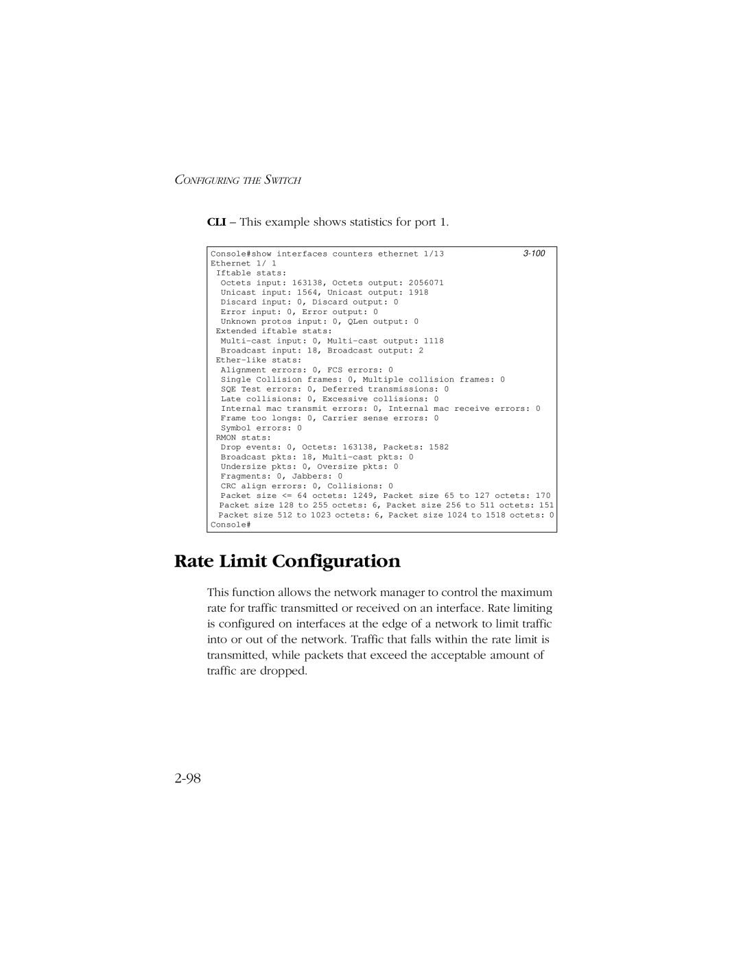 SMC Networks 10/100 manual Rate Limit Configuration, CLI This example shows statistics for port 