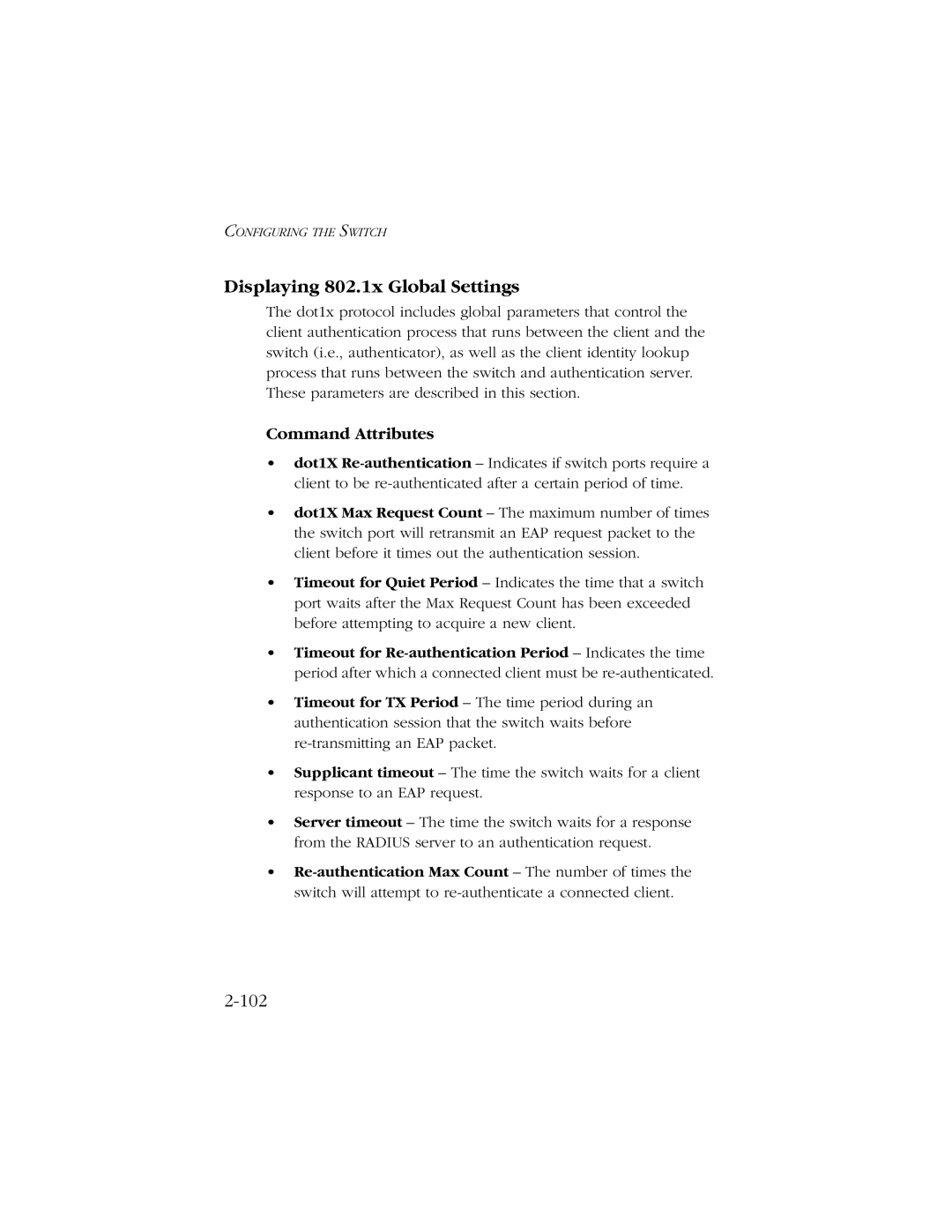 SMC Networks 10/100 manual Displaying 802.1x Global Settings, 102 