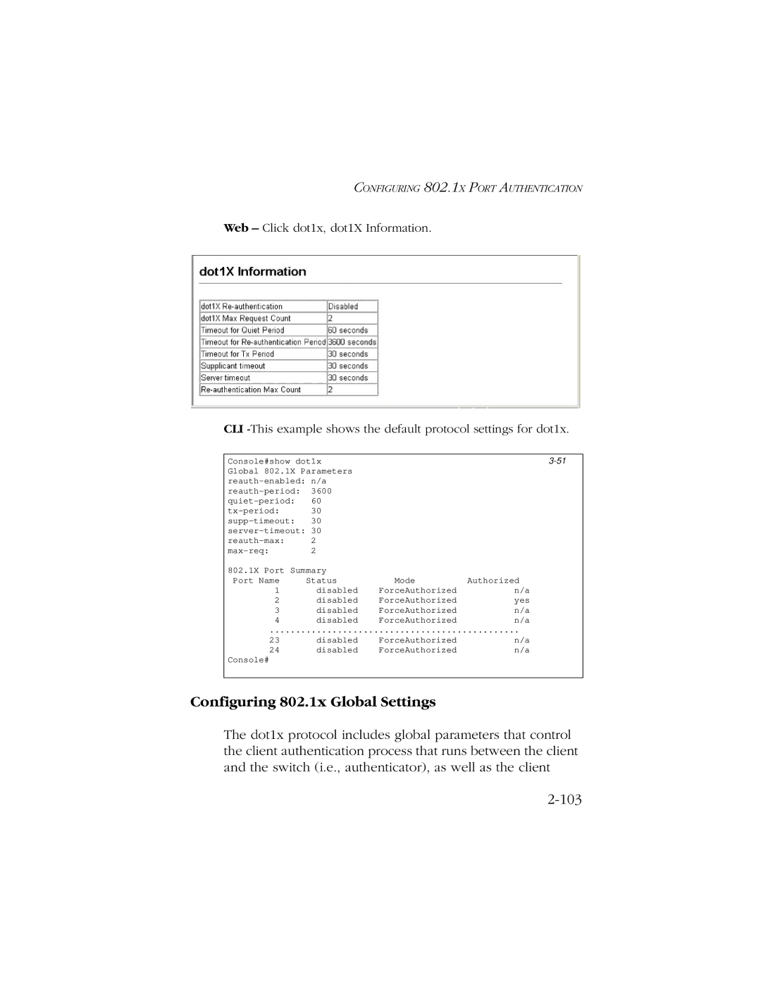 SMC Networks 10/100 manual Configuring 802.1x Global Settings, 103 