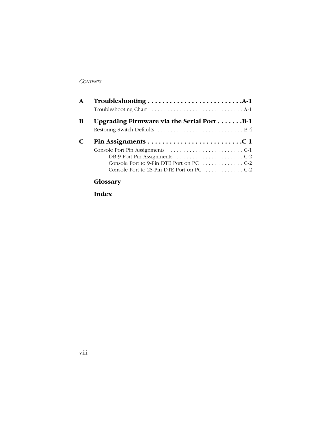 SMC Networks 10/100 manual Upgrading Firmware via the Serial Port . . . . . . .B-1, Glossary Index, Viii 