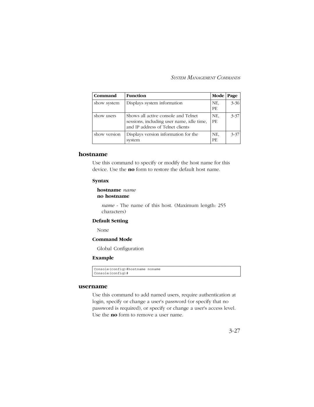 SMC Networks 10/100 manual Username, Syntax Hostname name no hostname 