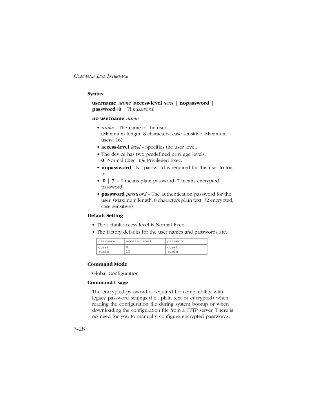 SMC Networks 10/100 manual Username Access-level Password Guest Admin 