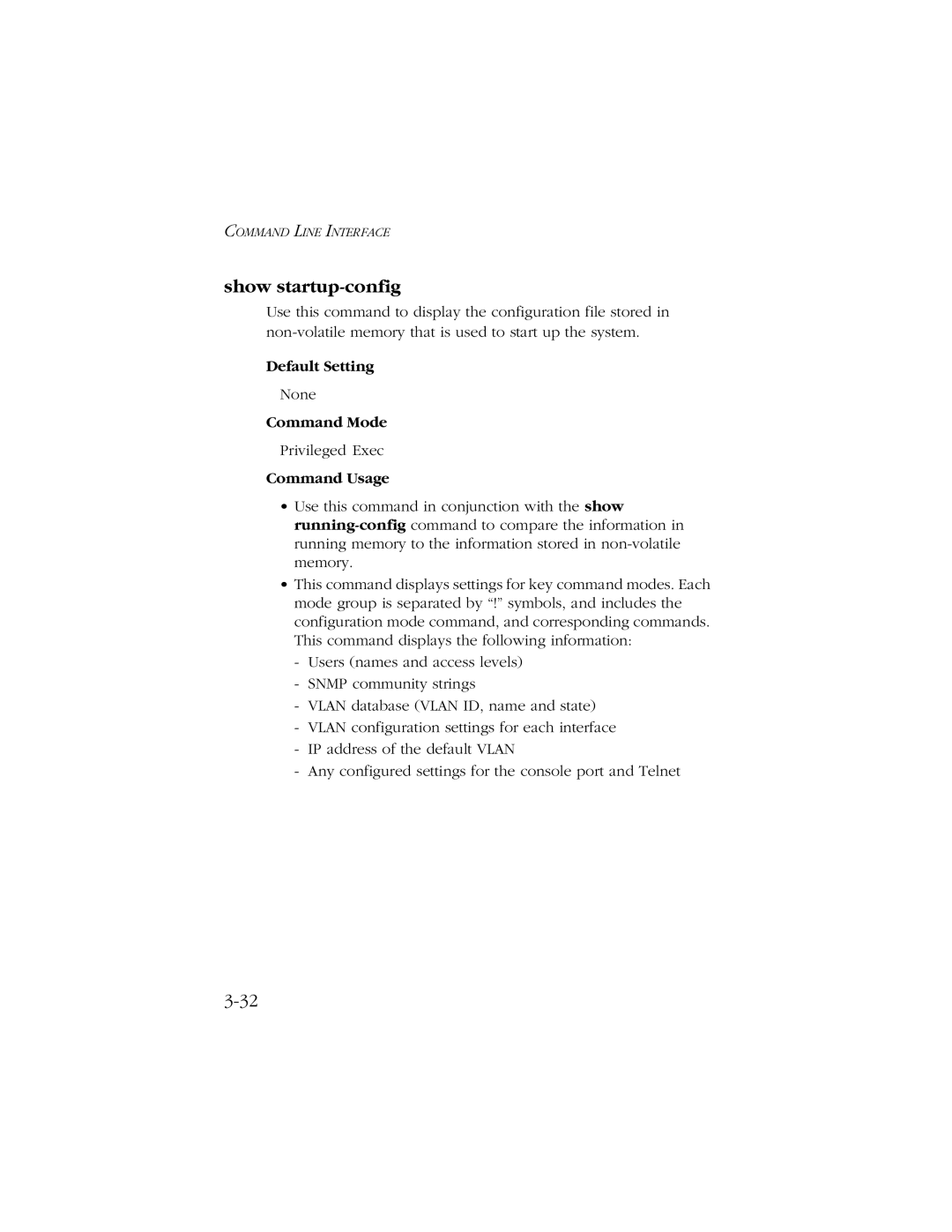 SMC Networks 10/100 manual Show startup-config, Command Usage 