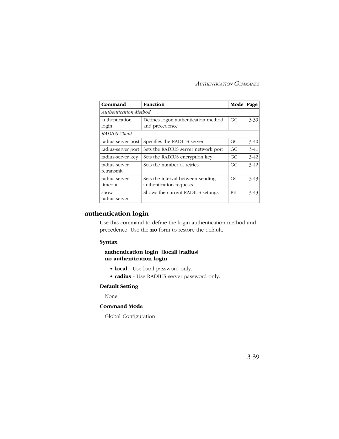 SMC Networks 10/100 manual Authentication login, Command Function Mode 