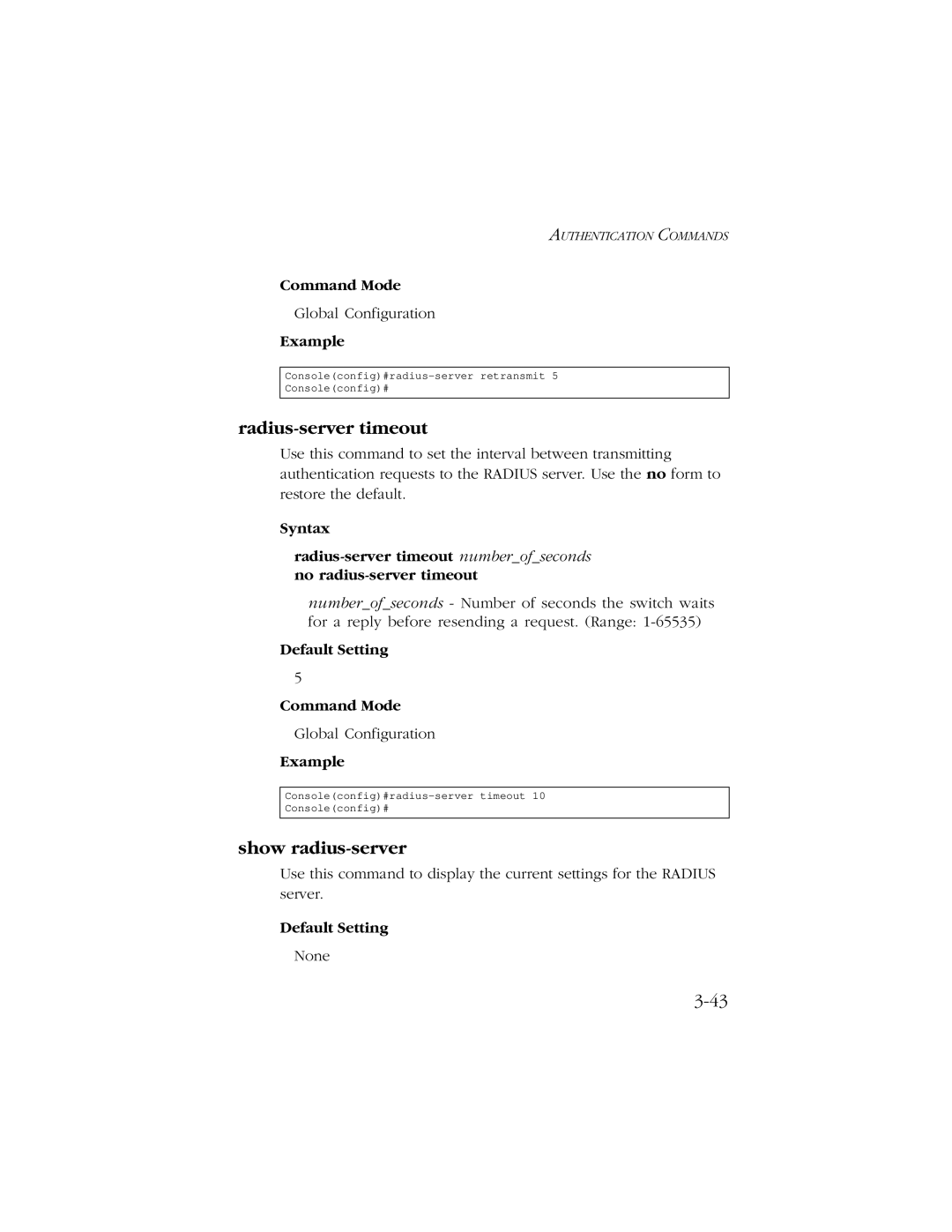 SMC Networks 10/100 manual Radius-server timeout, Show radius-server 