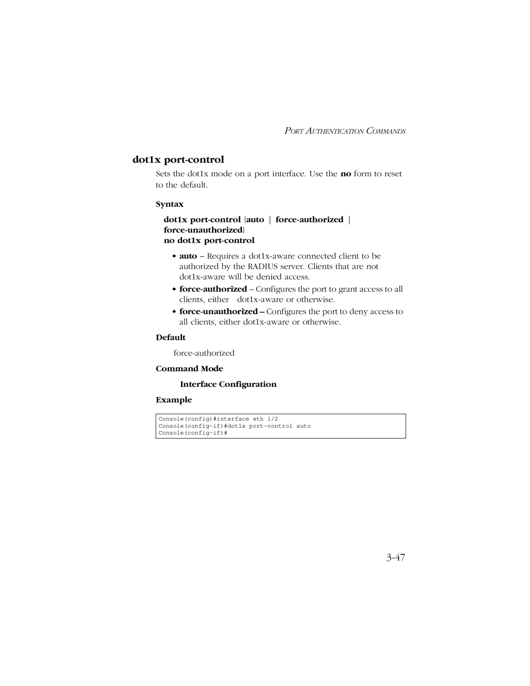 SMC Networks 10/100 manual Dot1x port-control, Default, Command Mode Interface Configuration Example 