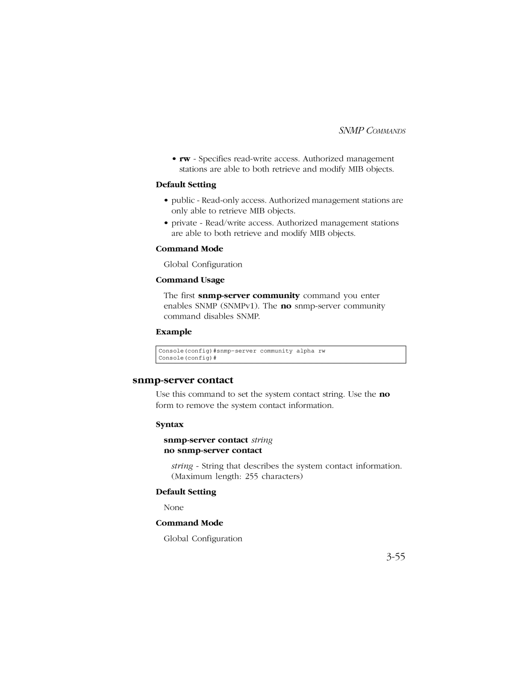 SMC Networks 10/100 manual Syntax Snmp-server contact string no snmp-server contact 