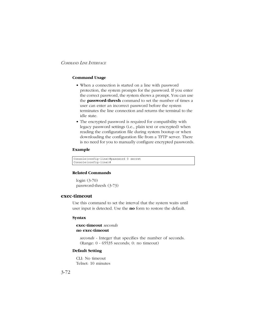 SMC Networks 10/100 manual Syntax Exec-timeout seconds no exec-timeout 