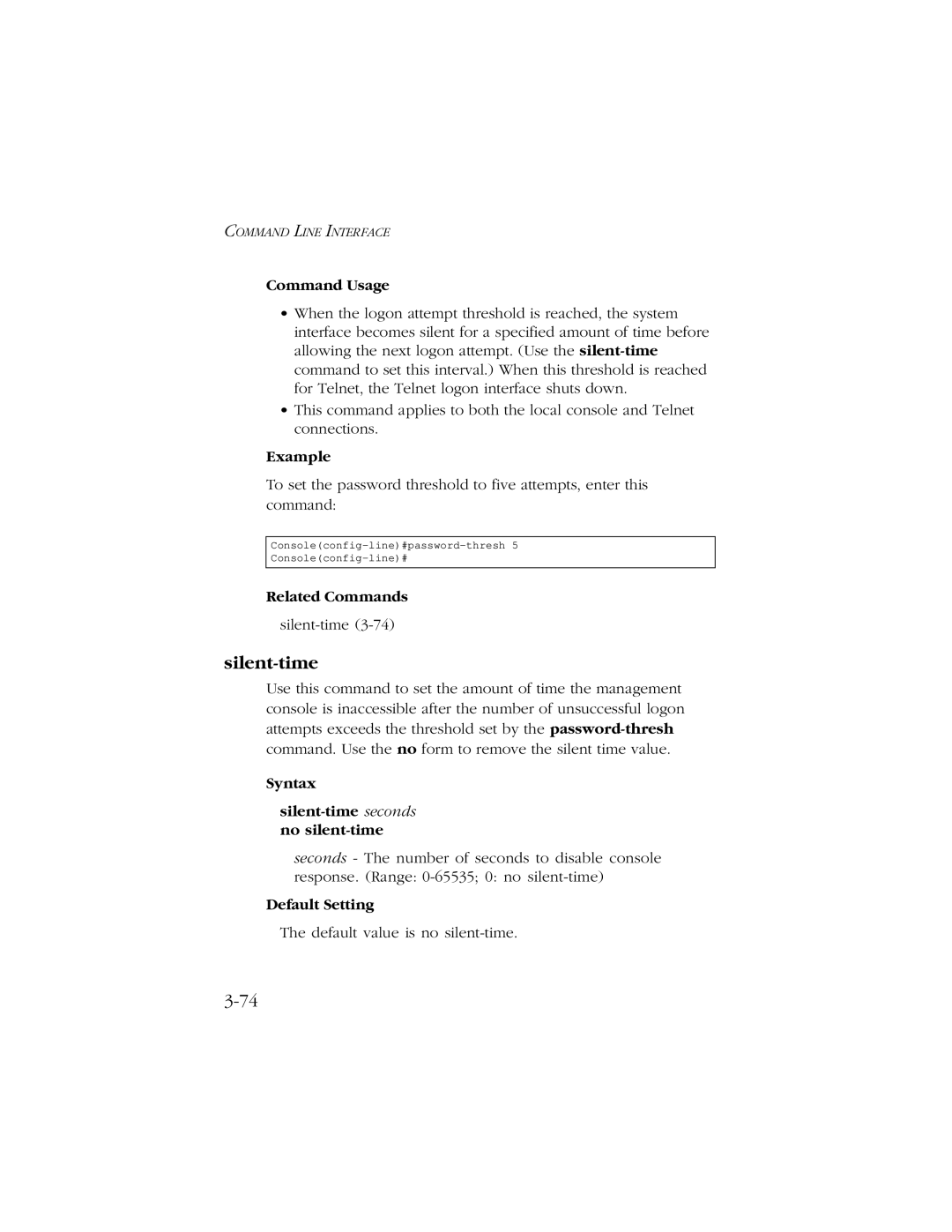 SMC Networks 10/100 manual Syntax Silent-time seconds no silent-time 