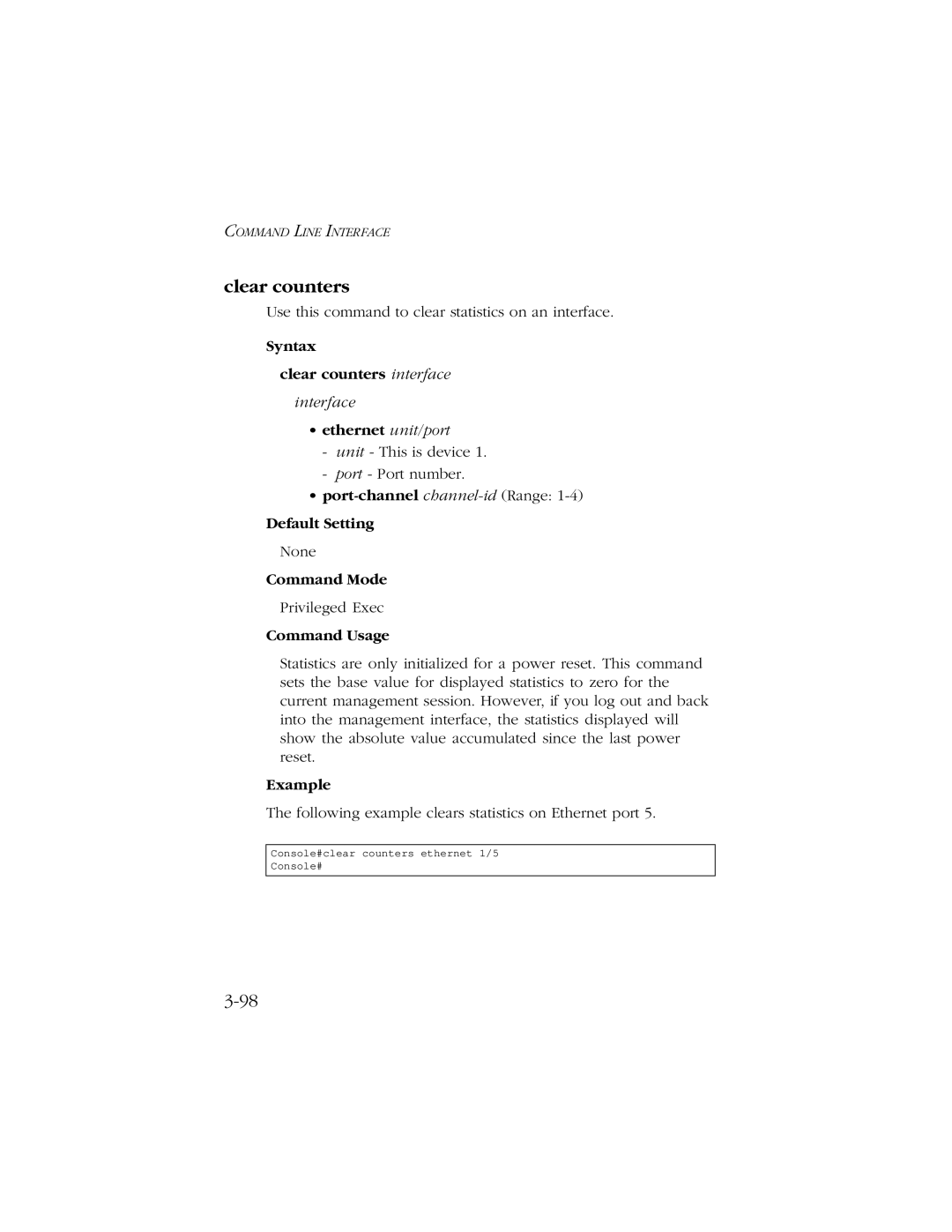 SMC Networks 10/100 manual Syntax Clear counters interface, Port-channel channel-idRange Default Setting 