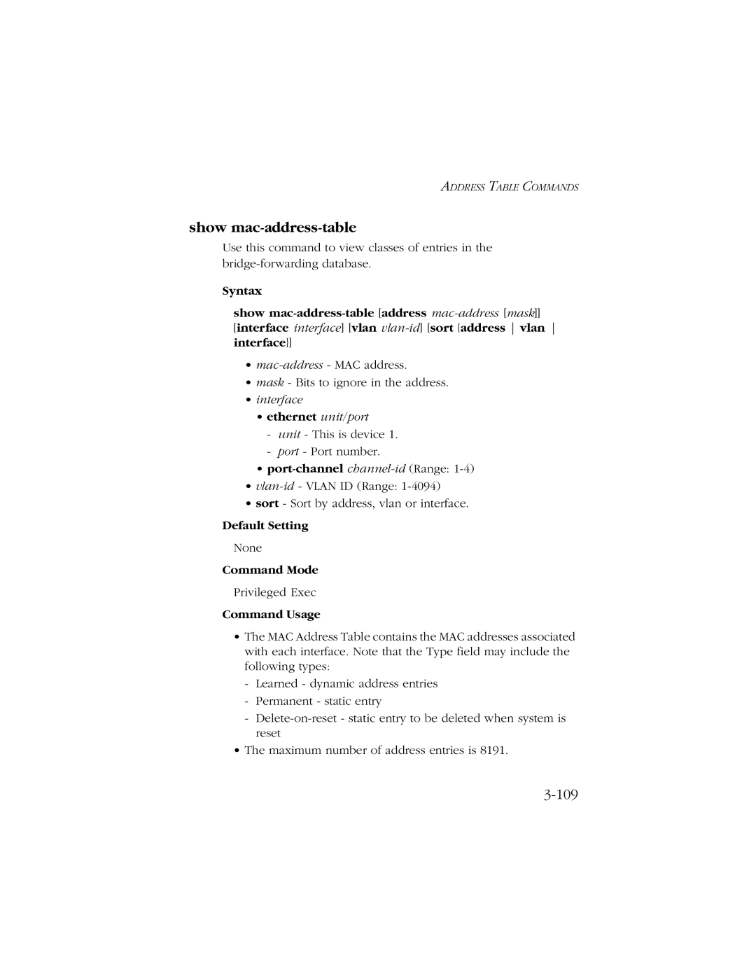 SMC Networks 10/100 manual Show mac-address-table, 109 