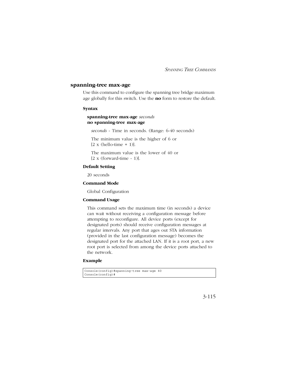 SMC Networks 10/100 manual Spanning-tree max-age, 115 