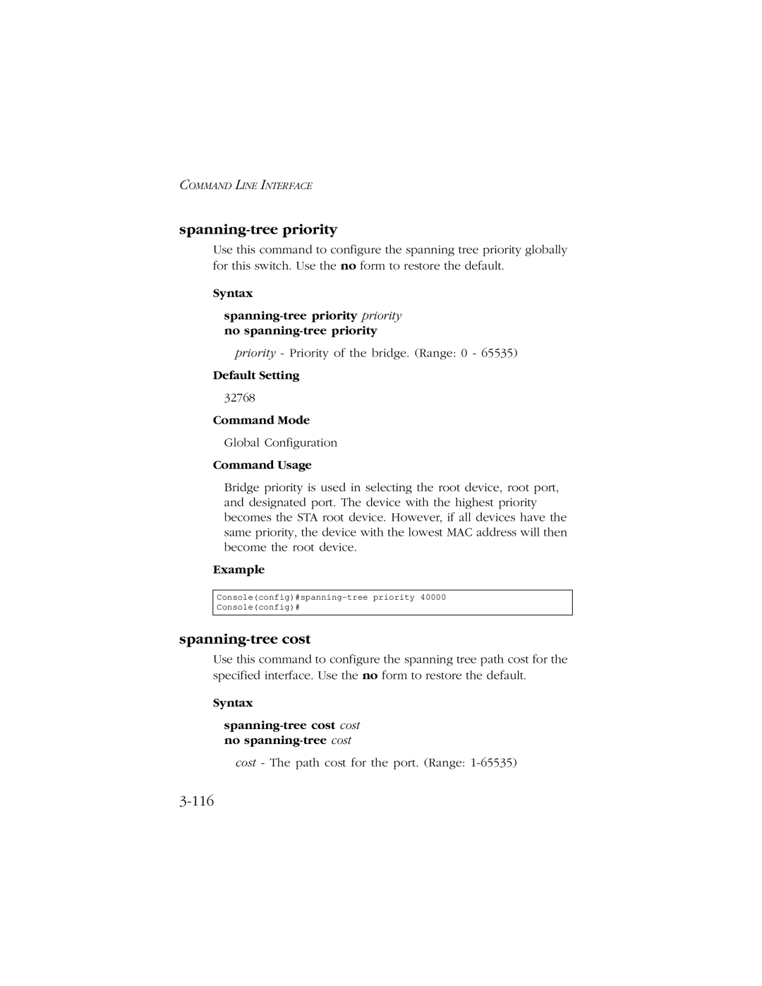 SMC Networks 10/100 manual Spanning-tree priority, 116, Syntax Spanning-tree cost cost no spanning-tree cost 