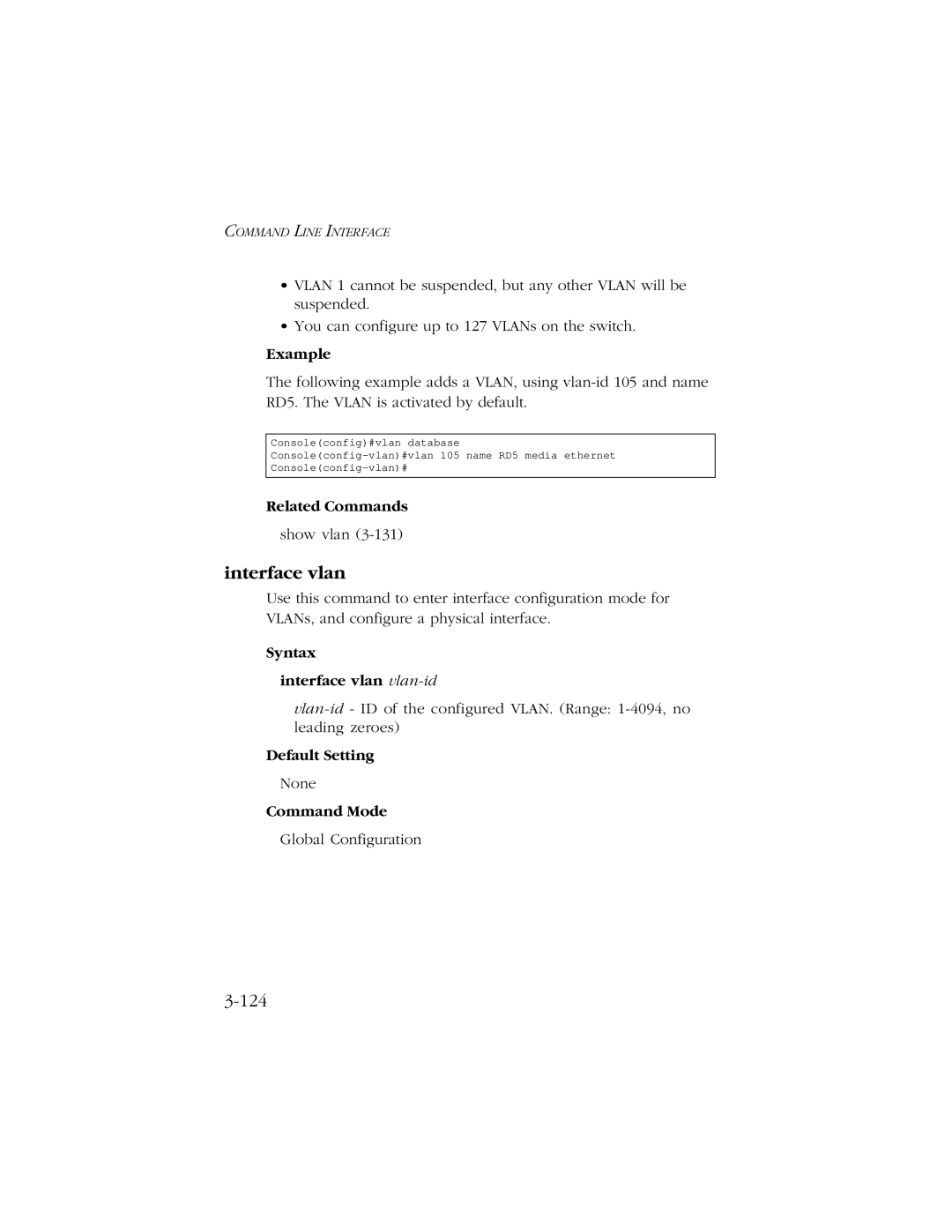 SMC Networks 10/100 manual 124, Syntax Interface vlan vlan-id 