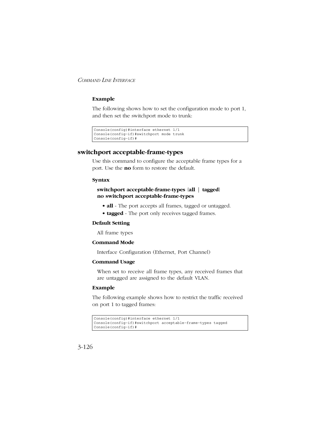 SMC Networks 10/100 manual Switchport acceptable-frame-types, 126 