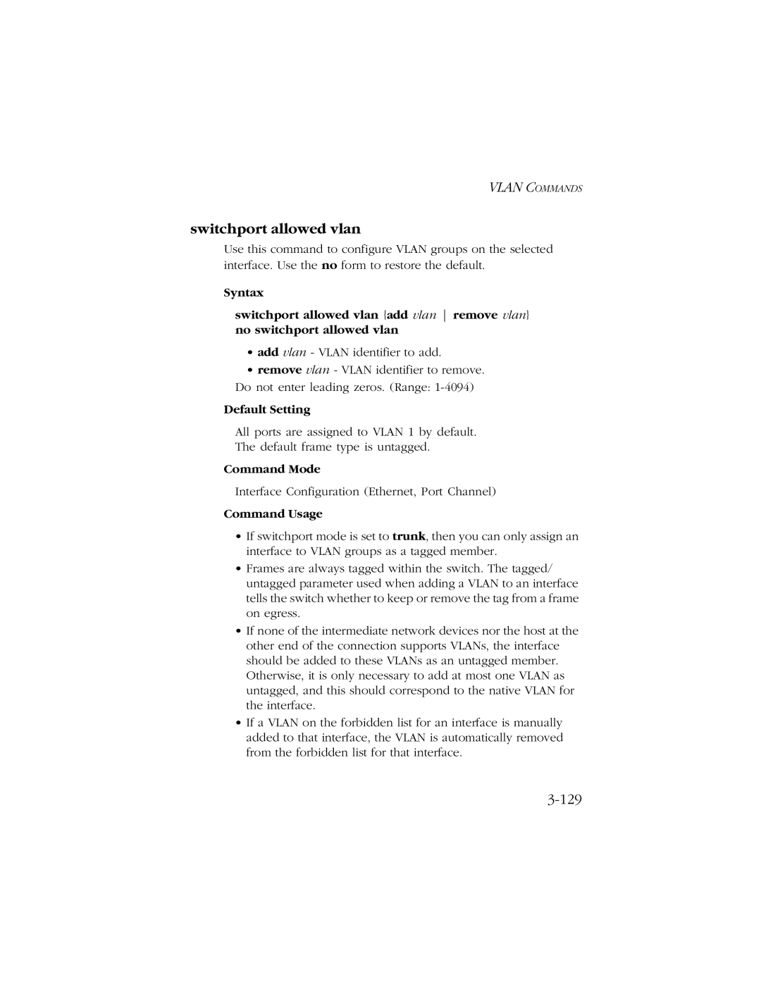 SMC Networks 10/100 manual Switchport allowed vlan, 129 