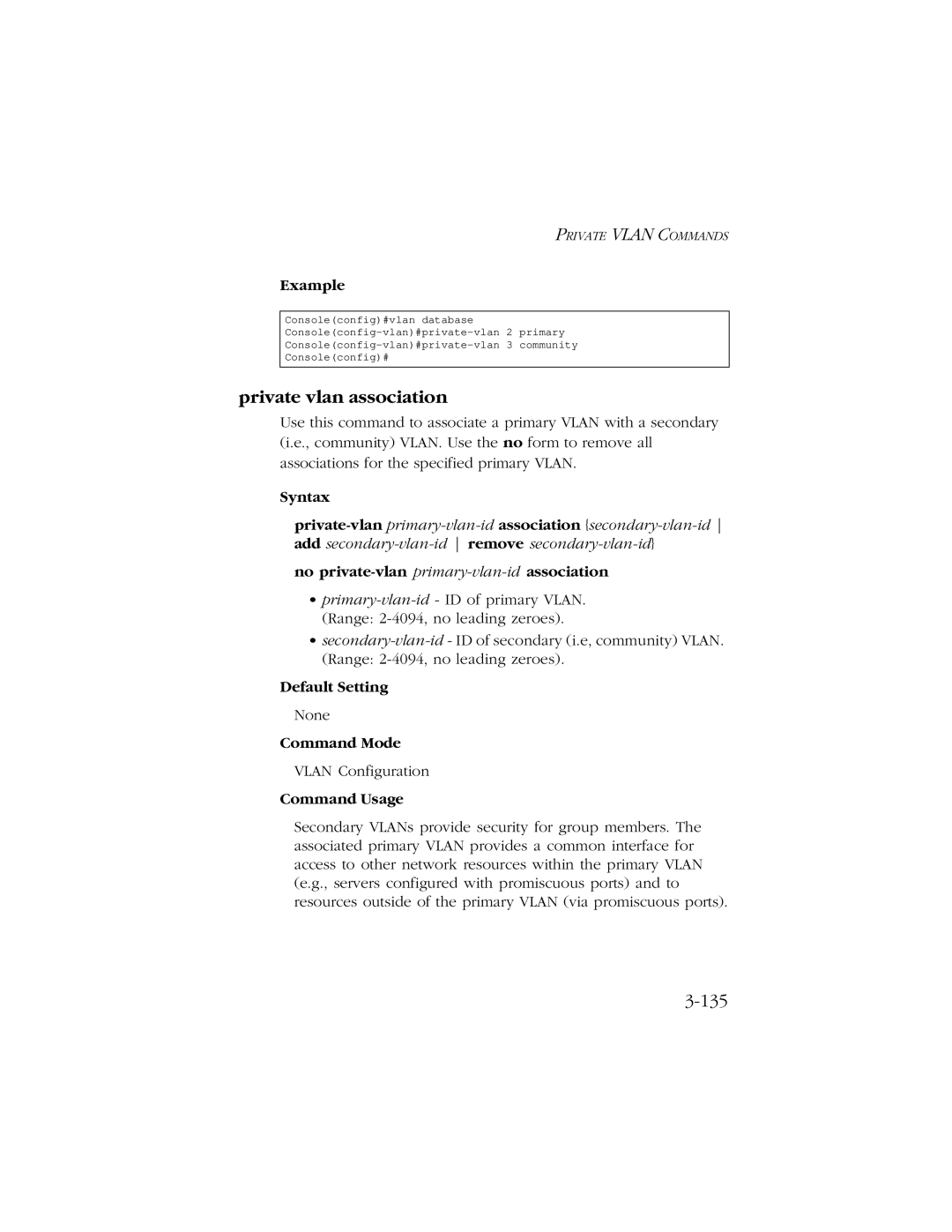 SMC Networks 10/100 manual Private vlan association, 135, No private-vlan primary-vlan-idassociation 