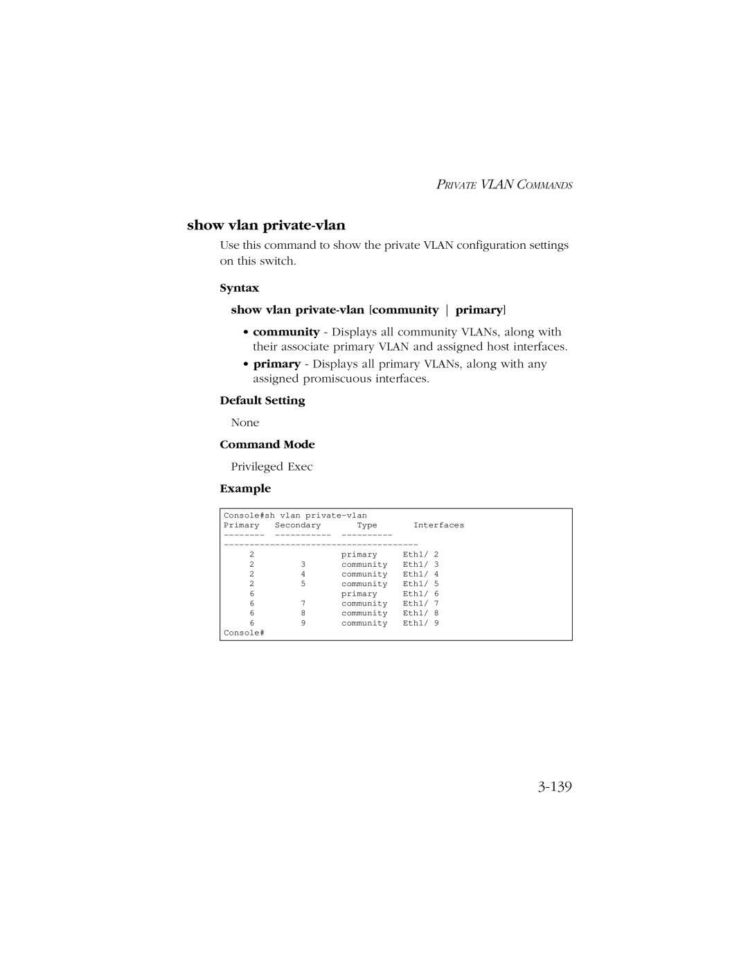 SMC Networks 10/100 manual 139, Syntax Show vlan private-vlan community primary 