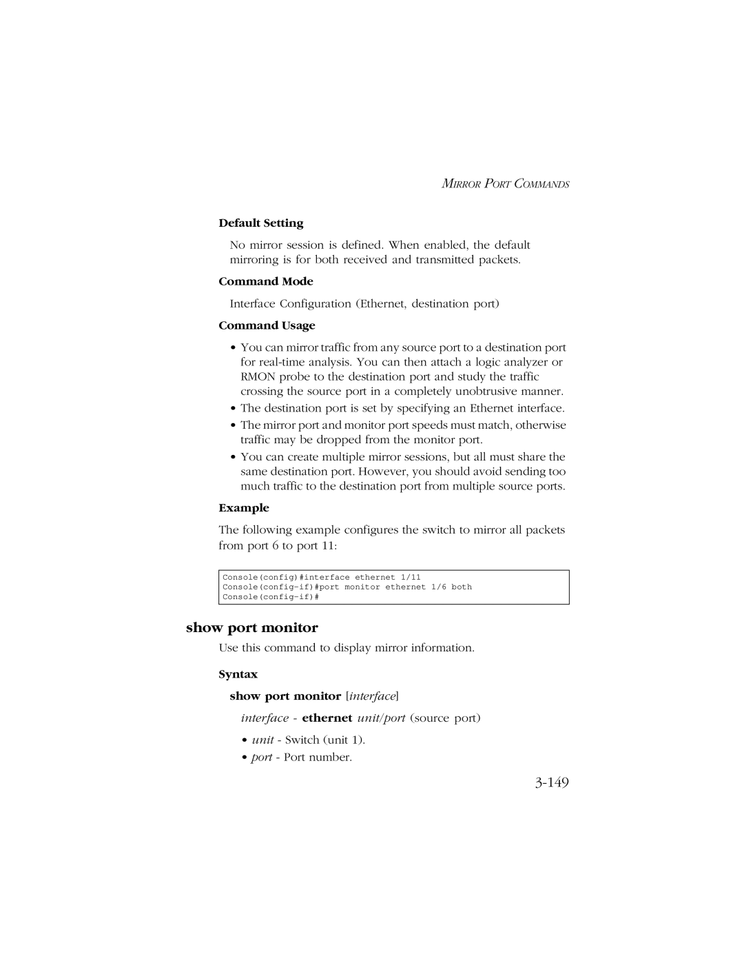 SMC Networks 10/100 manual 149, Syntax Show port monitor interface 