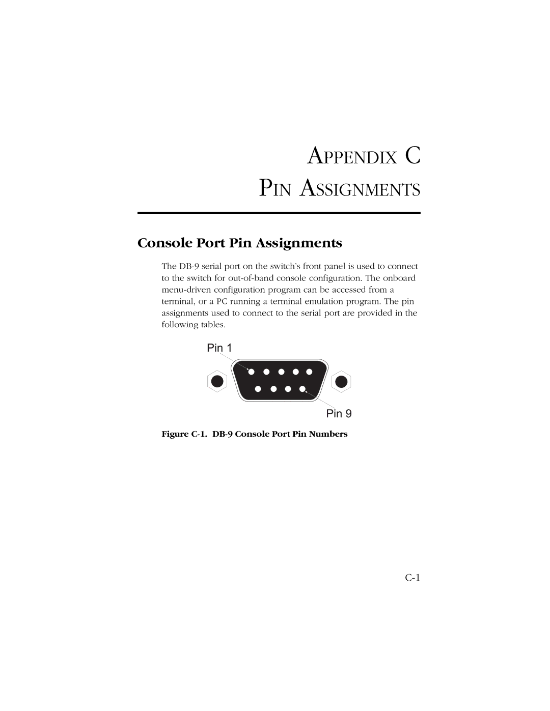 SMC Networks 10/100 manual Console Port Pin Assignments, Figure C-1. DB-9 Console Port Pin Numbers 