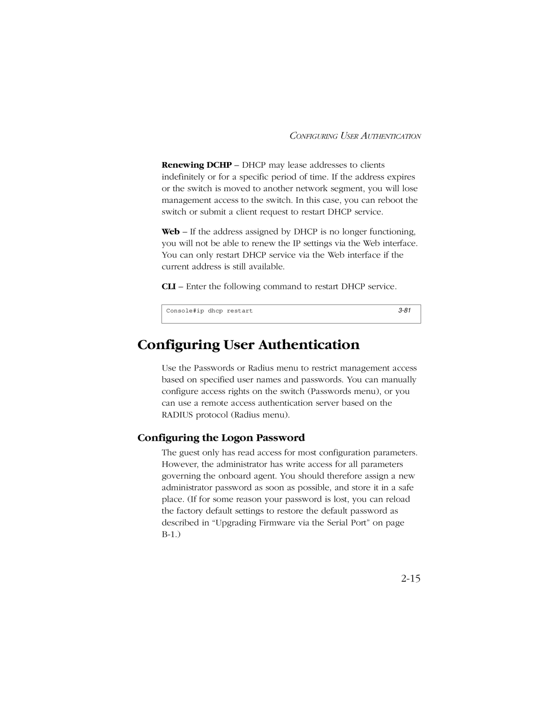 SMC Networks 10/100 manual Configuring User Authentication, Configuring the Logon Password 