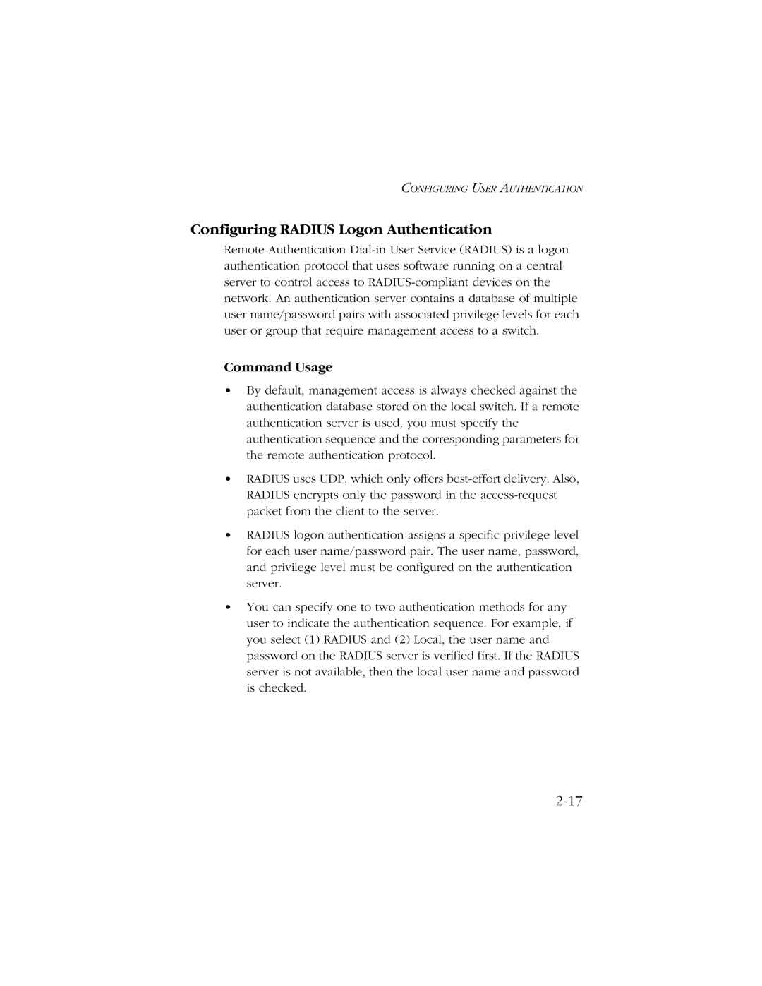 SMC Networks 10/100 manual Configuring Radius Logon Authentication, Command Usage 