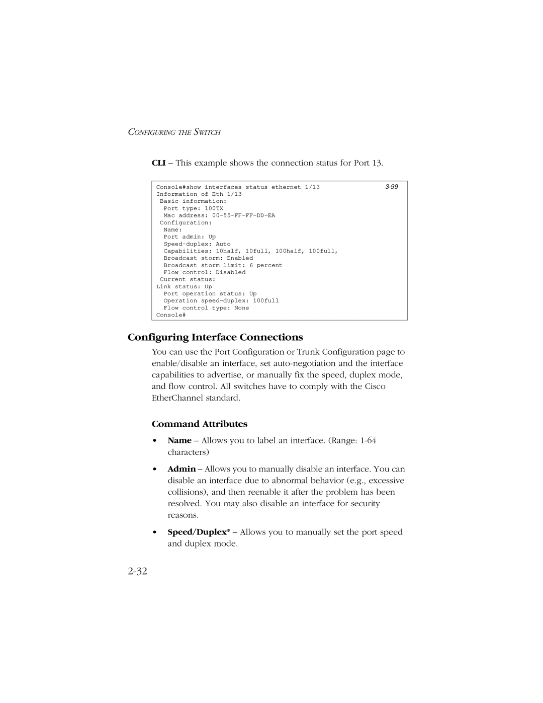 SMC Networks 10/100 manual Configuring Interface Connections, CLI This example shows the connection status for Port 