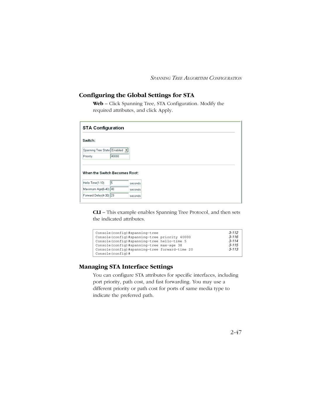 SMC Networks 10/100 manual Configuring the Global Settings for STA, Managing STA Interface Settings 