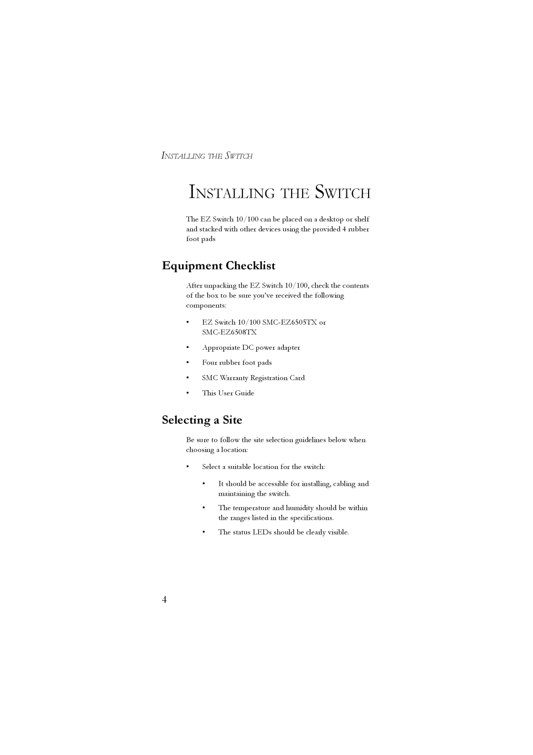 SMC Networks 10/100 manual Installing the Switch, Equipment Checklist, Selecting a Site 