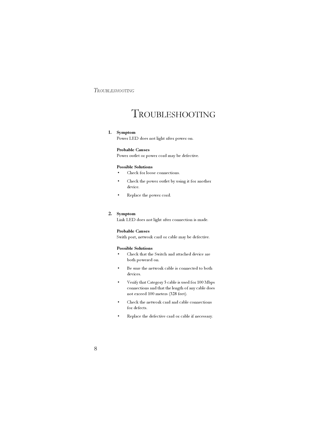 SMC Networks 10/100 manual Troubleshooting, Possible Solutions 