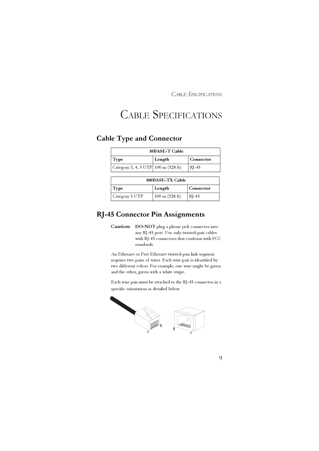 SMC Networks 10/100 manual Cable Specifications, Cable Type and Connector, RJ-45 Connector Pin Assignments 