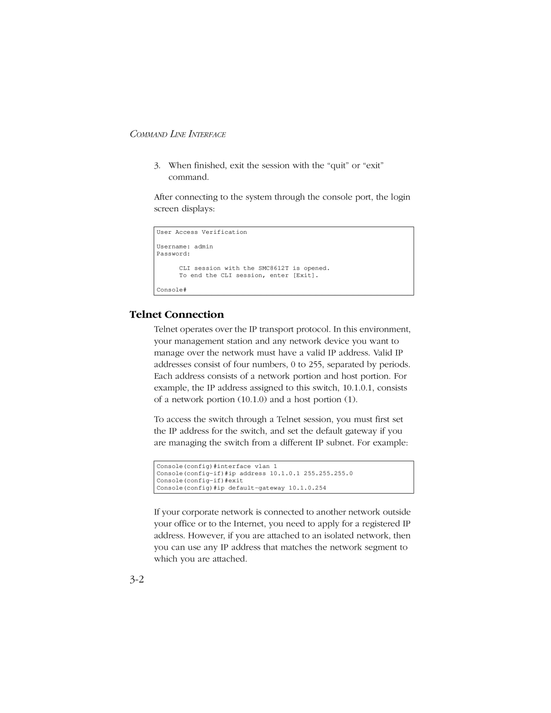 SMC Networks 10/100/1000 SMCGS8P-Smart manual Telnet Connection 