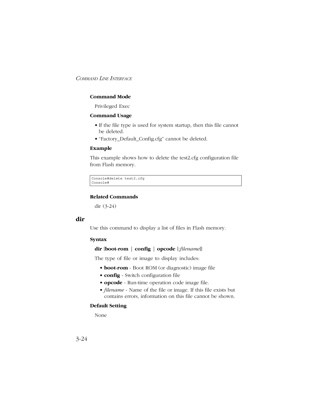 SMC Networks 10/100/1000 SMCGS8P-Smart manual Syntax Dir boot-rom config opcode filename 