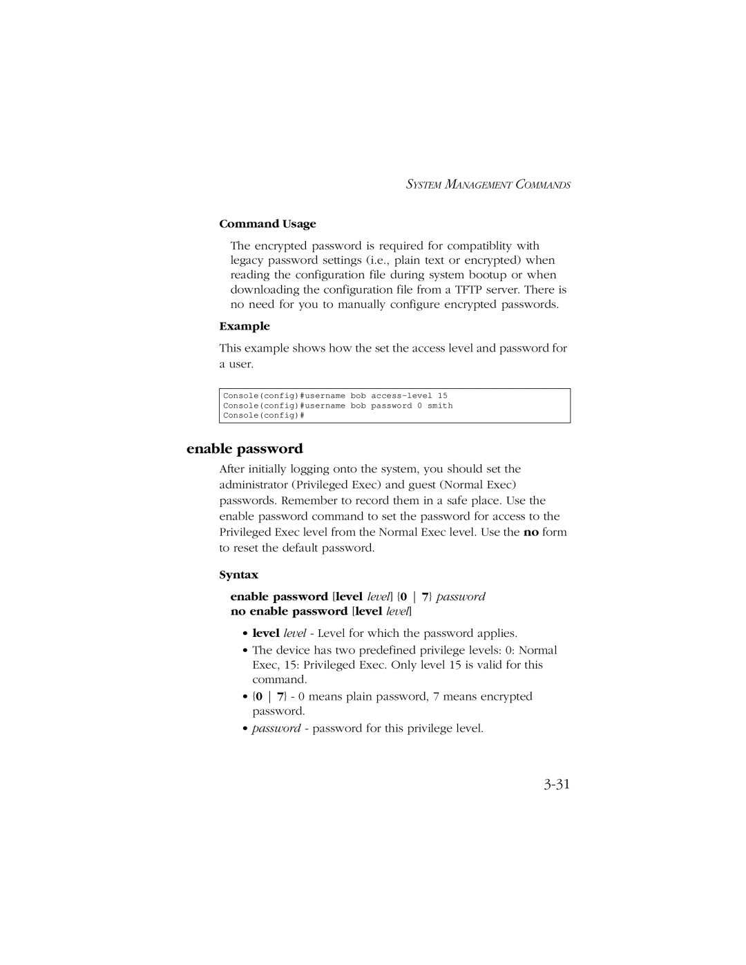 SMC Networks 10/100/1000 SMCGS8P-Smart manual Enable password, Command Usage 