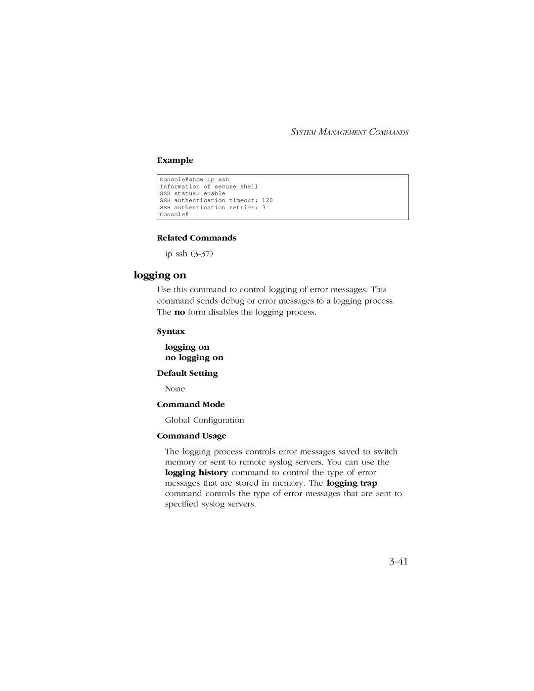 SMC Networks 10/100/1000 SMCGS8P-Smart manual Syntax Logging on no logging on Default Setting 