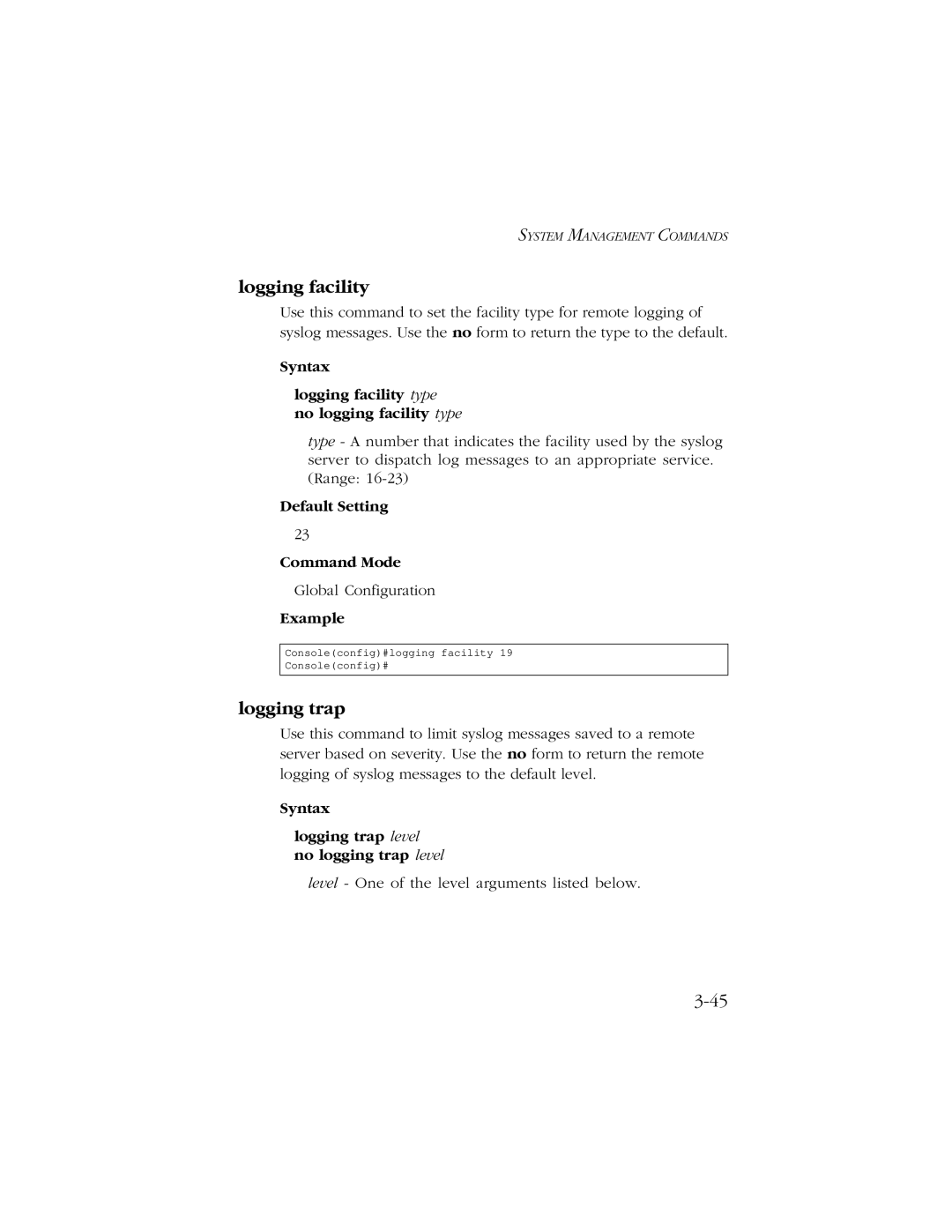 SMC Networks 10/100/1000 SMCGS8P-Smart manual Logging facility, Logging trap, Default Setting Command Mode 