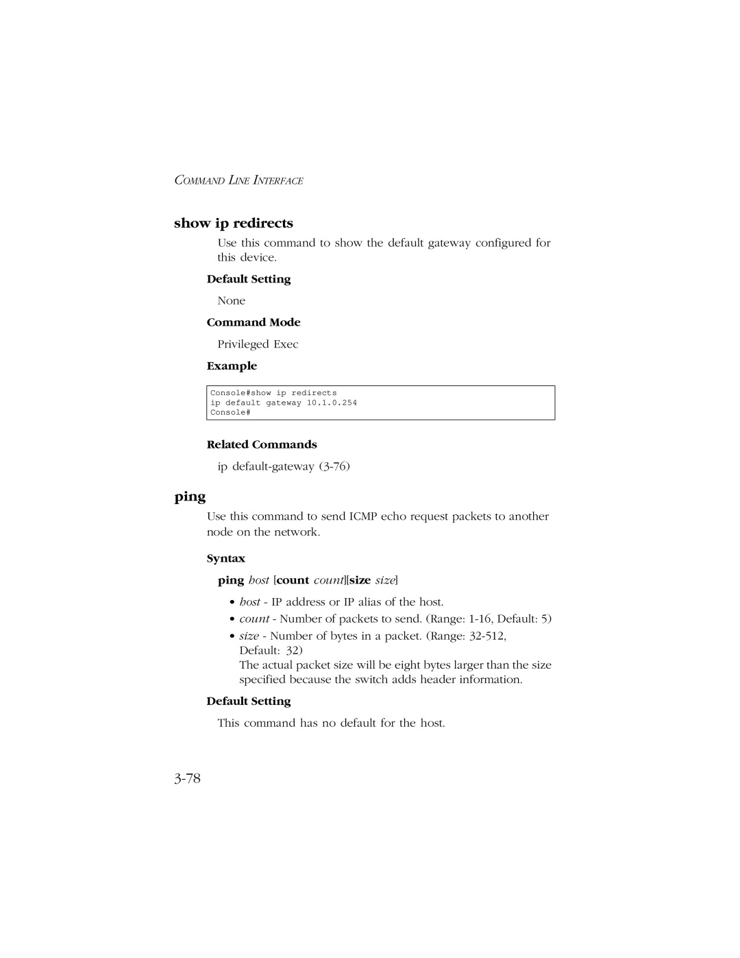 SMC Networks 10/100/1000 SMCGS8P-Smart manual Show ip redirects, Syntax Ping host count countsize size 