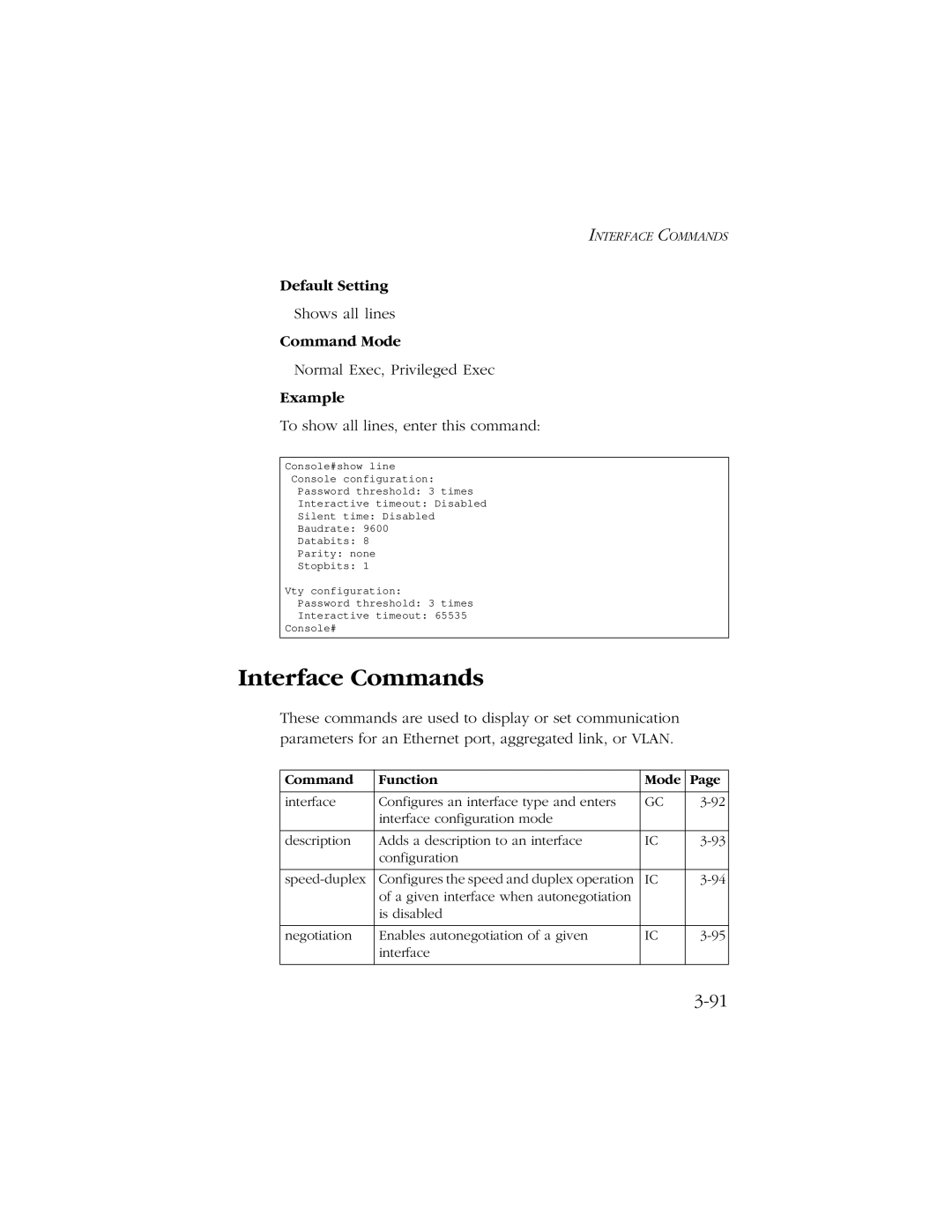 SMC Networks 10/100/1000 SMCGS8P-Smart manual Interface Commands, To show all lines, enter this command 