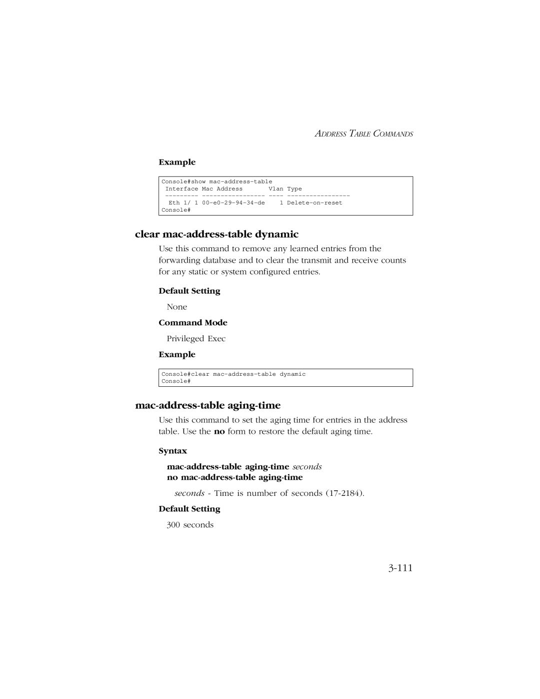 SMC Networks 10/100/1000 SMCGS8P-Smart manual Clear mac-address-table dynamic, Mac-address-table aging-time 