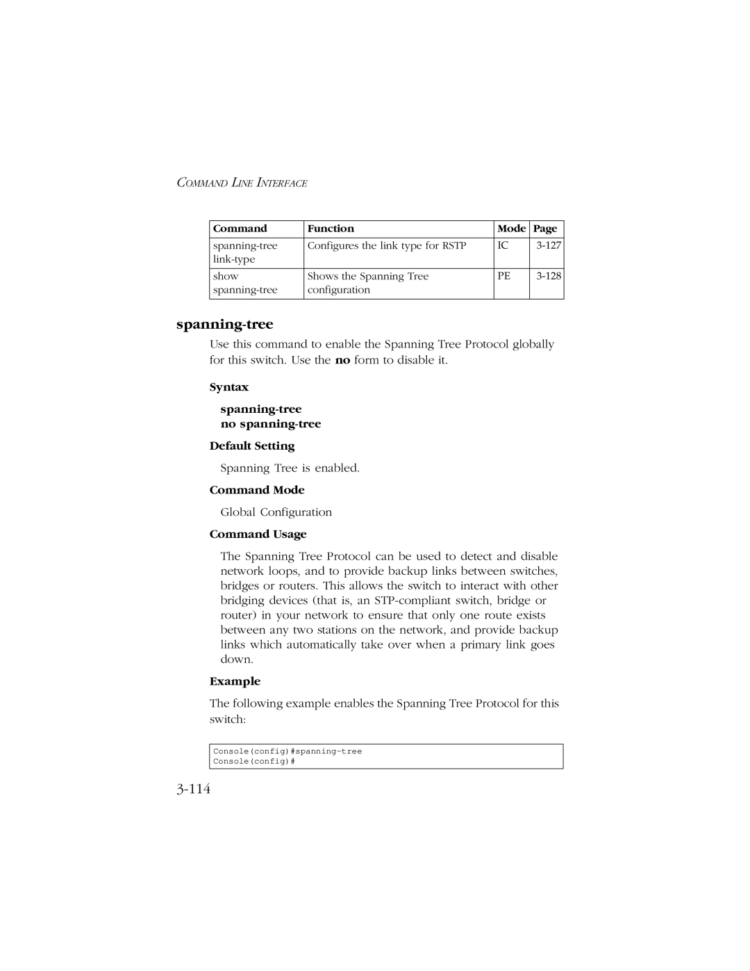 SMC Networks 10/100/1000 SMCGS8P-Smart manual Syntax Spanning-tree no spanning-tree Default Setting 