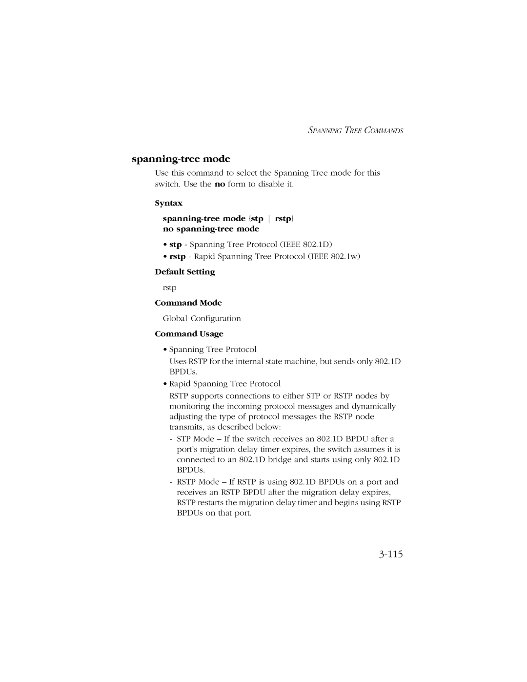 SMC Networks 10/100/1000 SMCGS8P-Smart manual Syntax Spanning-tree mode stp rstp no spanning-tree mode 